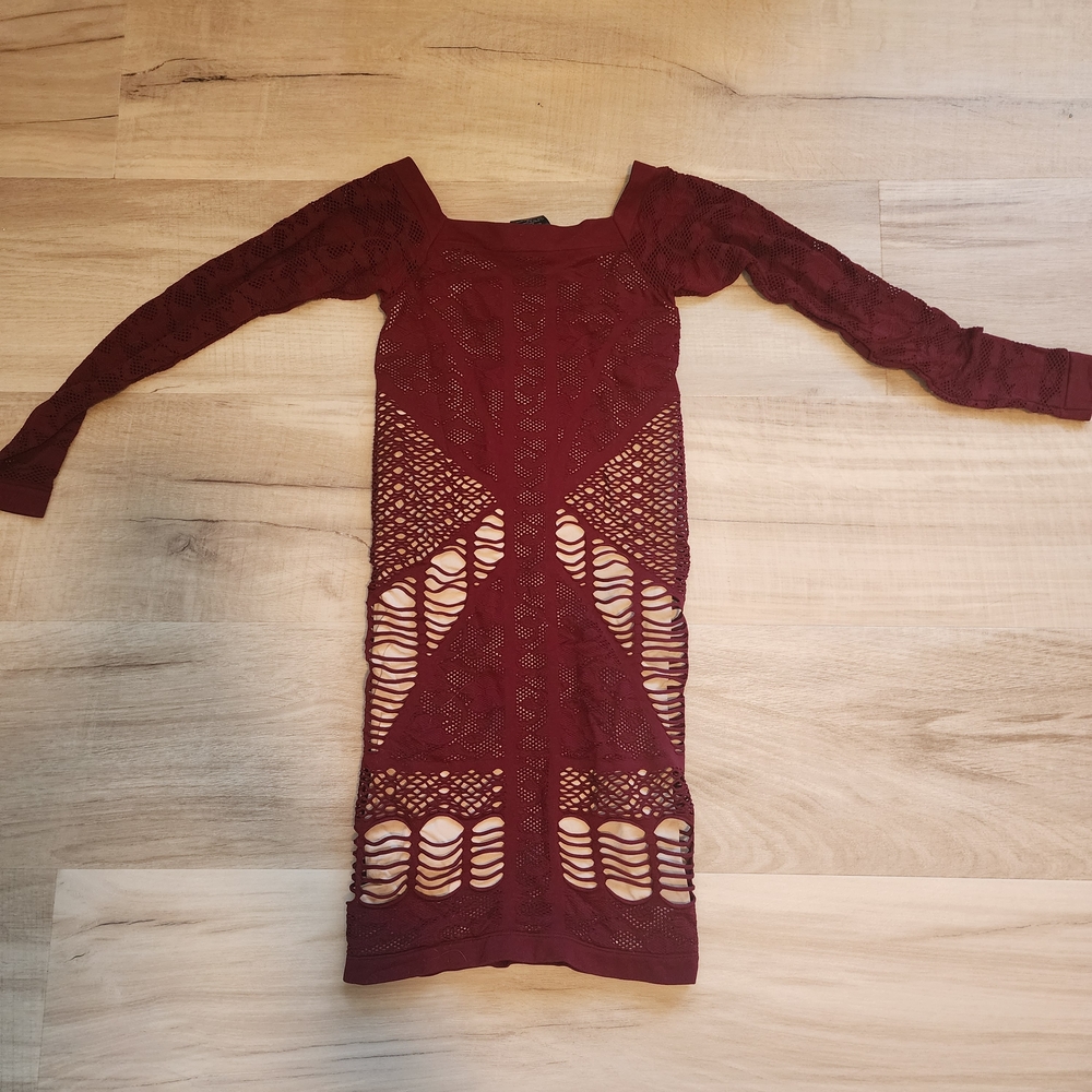 Bebe Burgundy Long Sleeve Lace Bodicon Dress